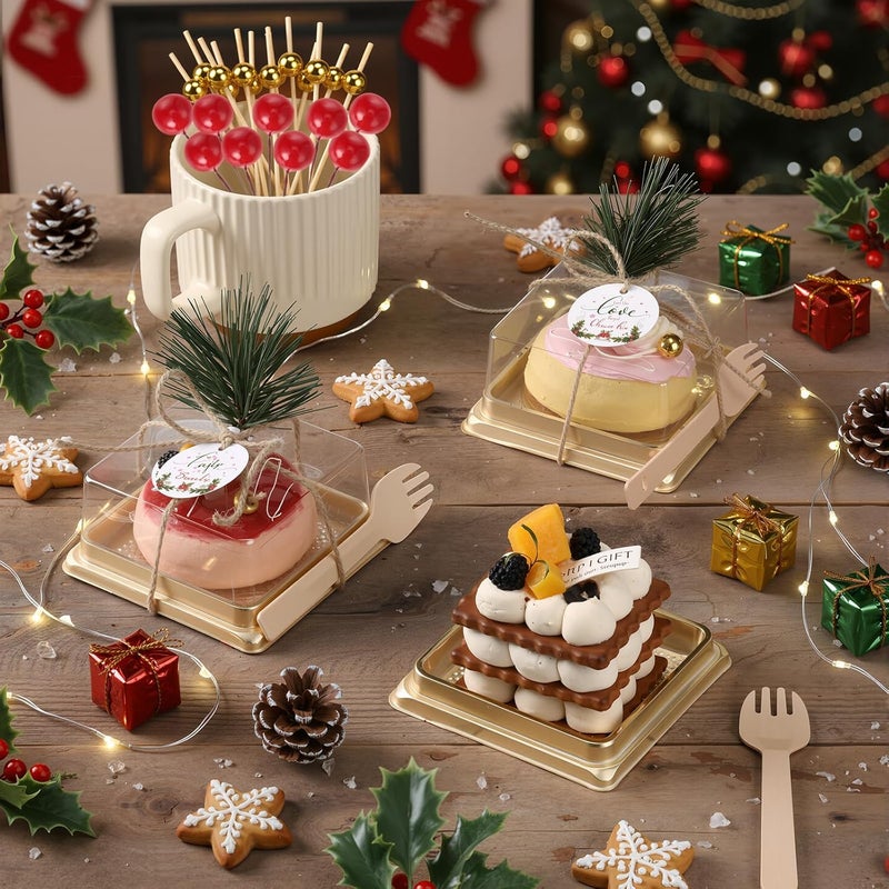 Maxdot 300 Pcs/50 Set Christmas Small Bakery Boxes with Clear Lids, Disposable Mini Dessert Box with Forks Cocktail Picks Thanks Tags, Square Cupcake Containers Xmas Party Favors for Macaron Muffins - Image 5